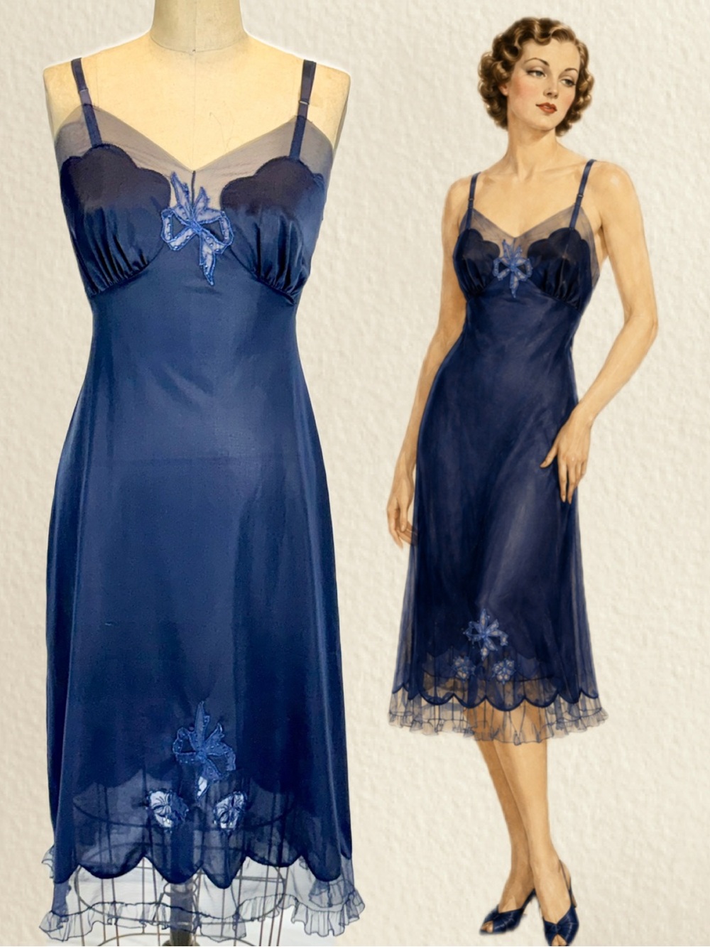 VINTAGE 50s slip dress gown lingerie navy blue sheer mesh ruffle embroidered